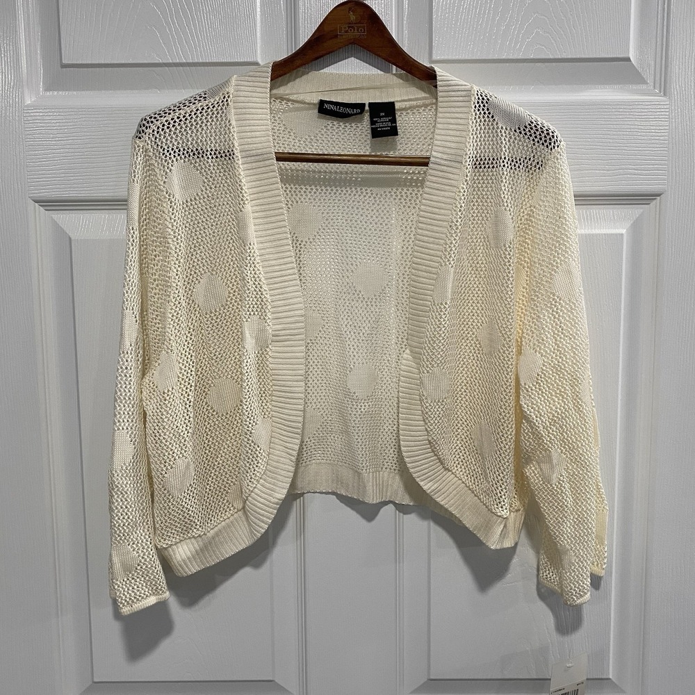 Nina Leonard Size 2X Cream Pointelle Knit Shrug‎ Cropped Cardigan